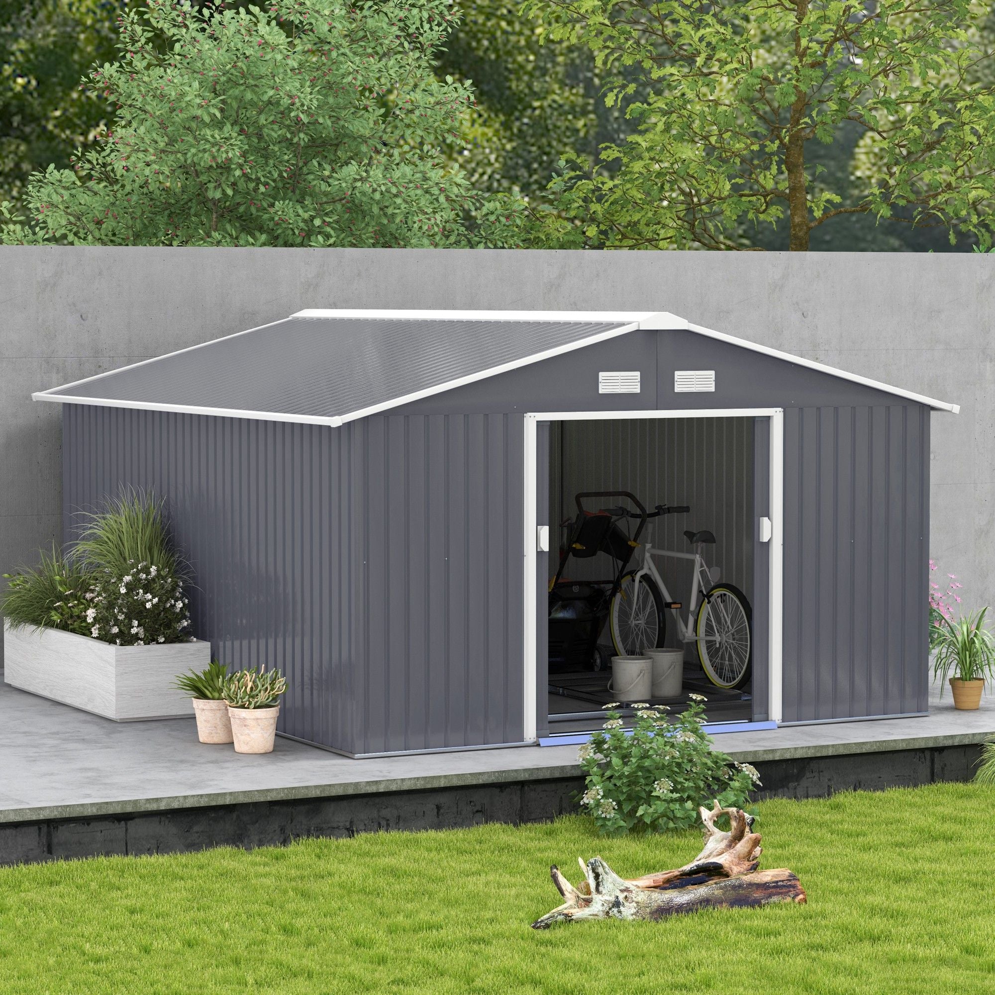 Double Sliding Door Storage Shed with Ventilation and Foundation Kit
