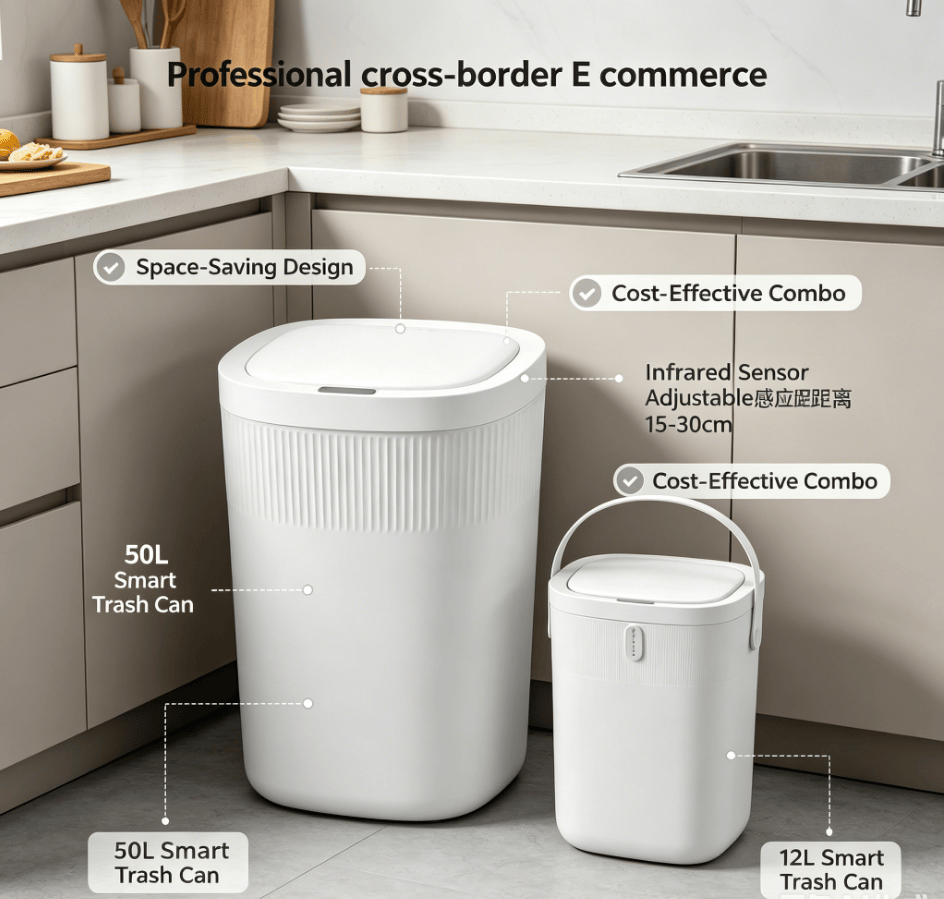Touchless Sensor Trash Can Set with Quiet Close