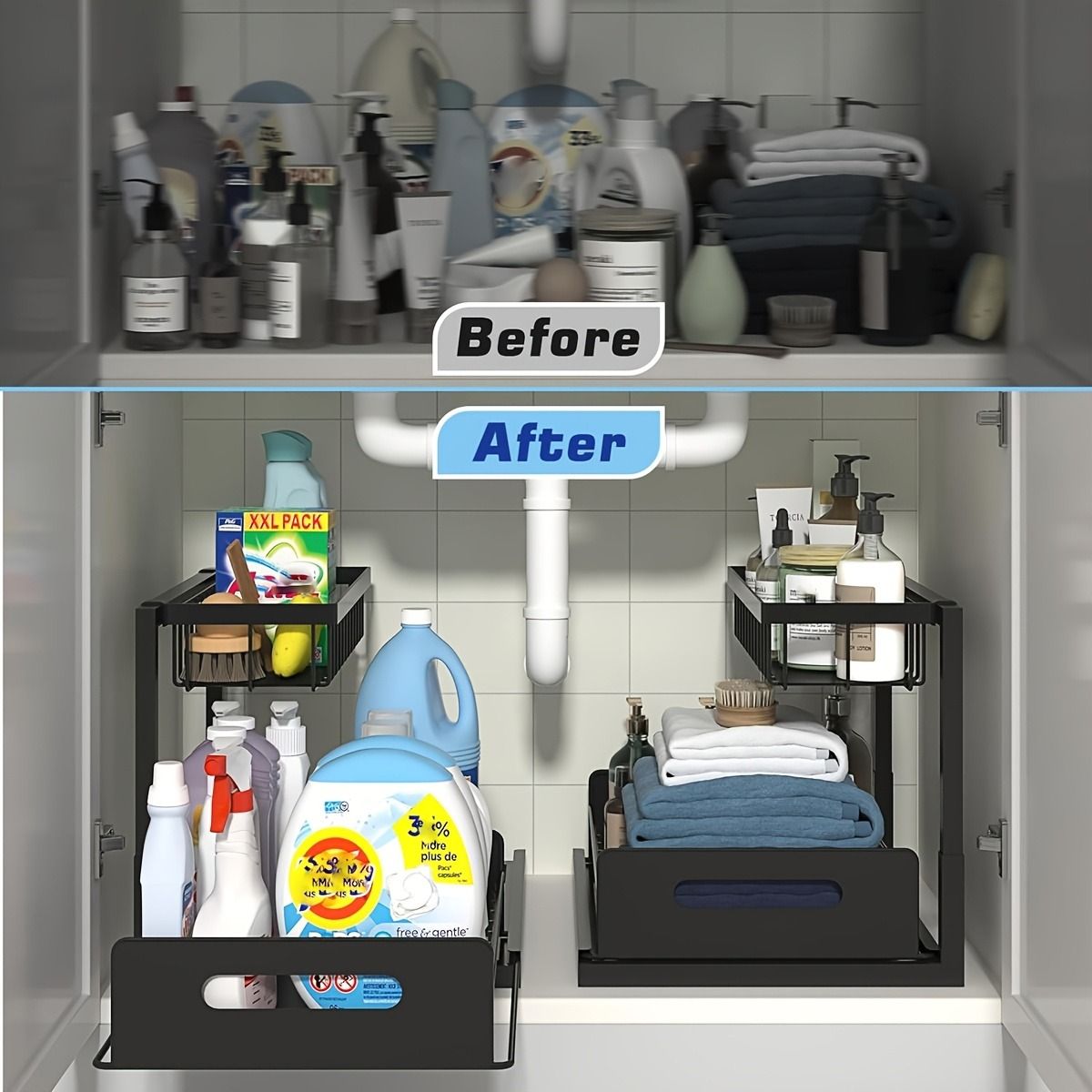 Double Layer Pull-Out Cabinet Storage Rack for Kitchen Sink Organization