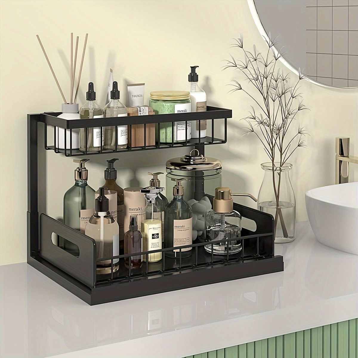 Double Layer Pull-Out Cabinet Storage Rack for Kitchen Sink Organization