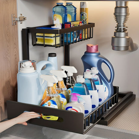 Double Layer Pull-Out Cabinet Storage Rack for Kitchen Sink Organization