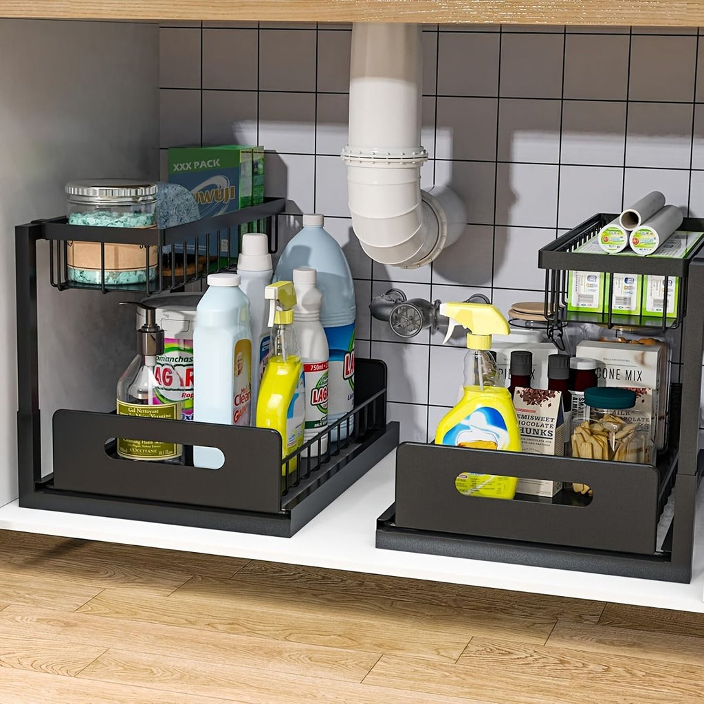 Double Layer Pull-Out Cabinet Storage Rack for Kitchen Sink Organization
