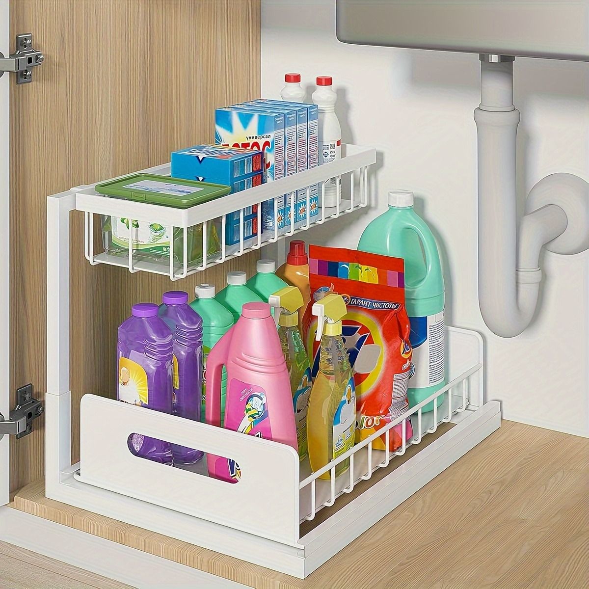 Double Layer Pull-Out Cabinet Storage Rack for Kitchen Sink Organization - white-1pc