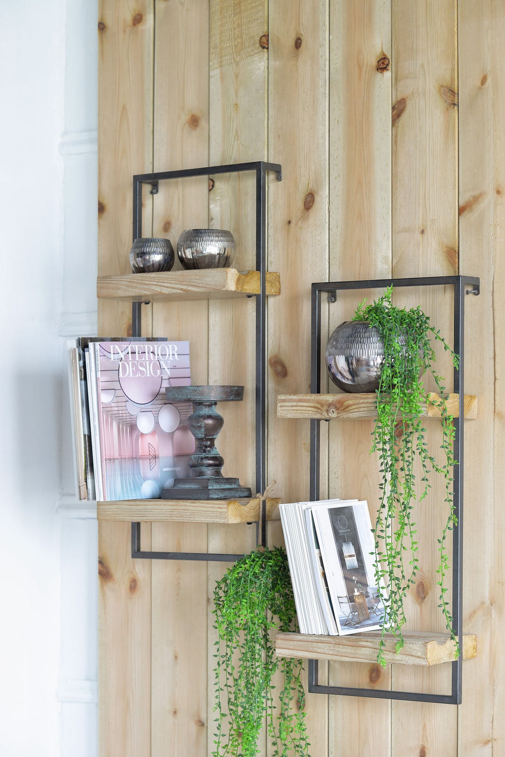 Industrial Two-Tier Wall Shelf with Natural Wood Shelves