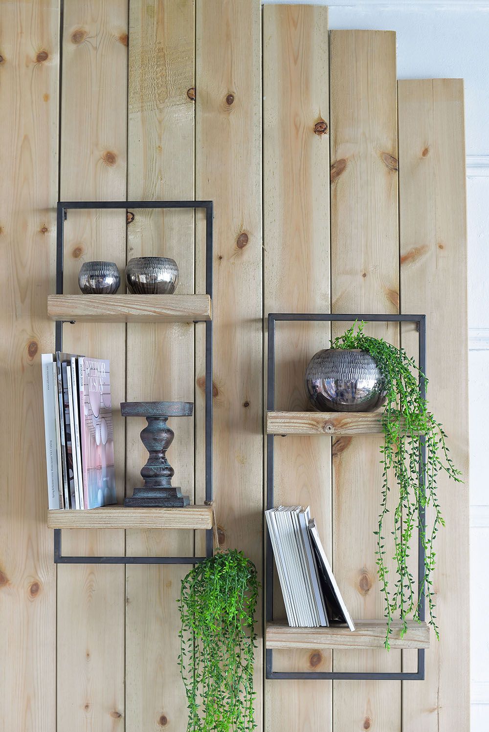 Industrial Two-Tier Wall Shelf with Natural Wood Shelves