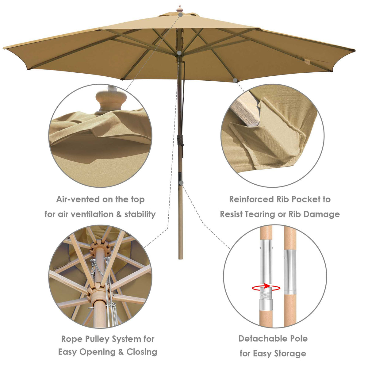 Khaki Retro-Style Patio Umbrella with Pulley System