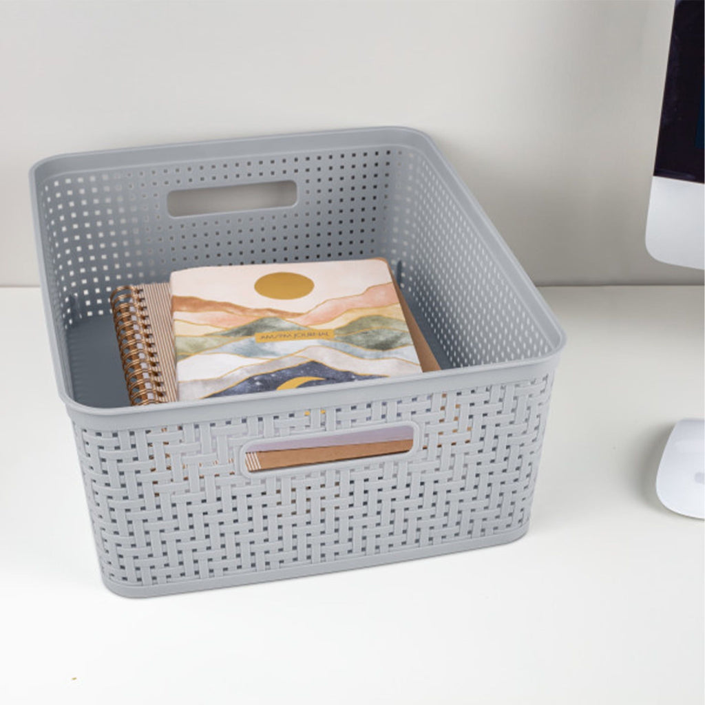 Cement-Tone Woven Storage Basket Set with Side Handles