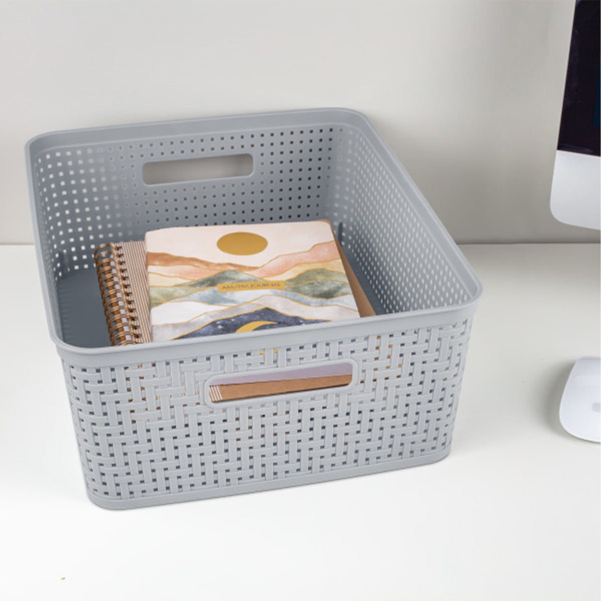 Cement-Tone Woven Storage Basket Set with Side Handles