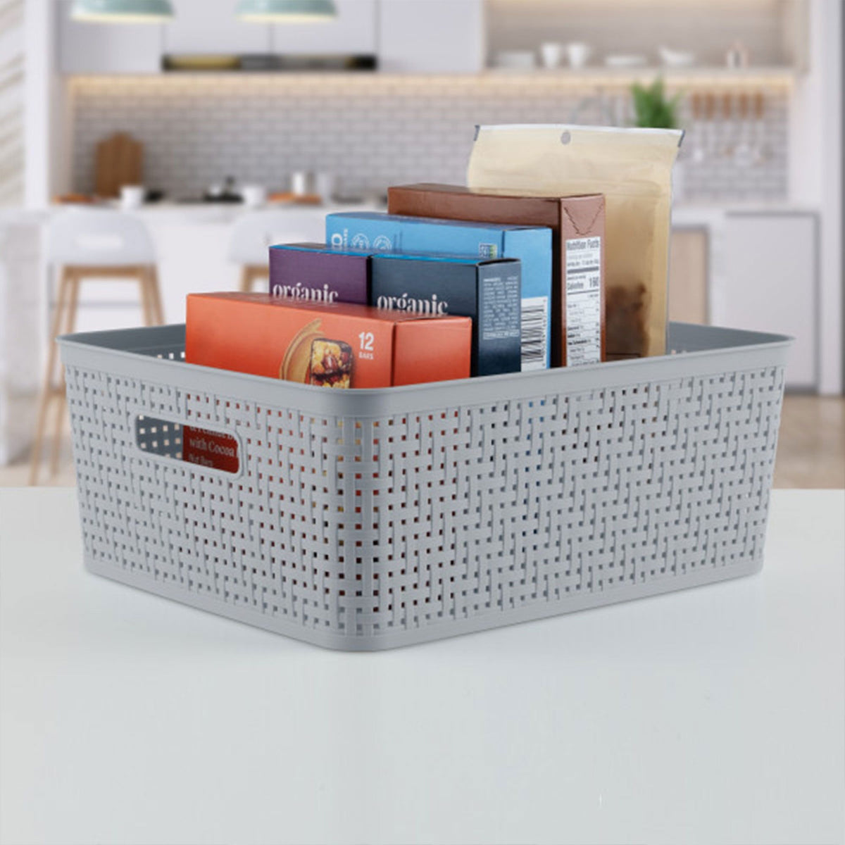 Cement-Tone Woven Storage Basket Set with Side Handles