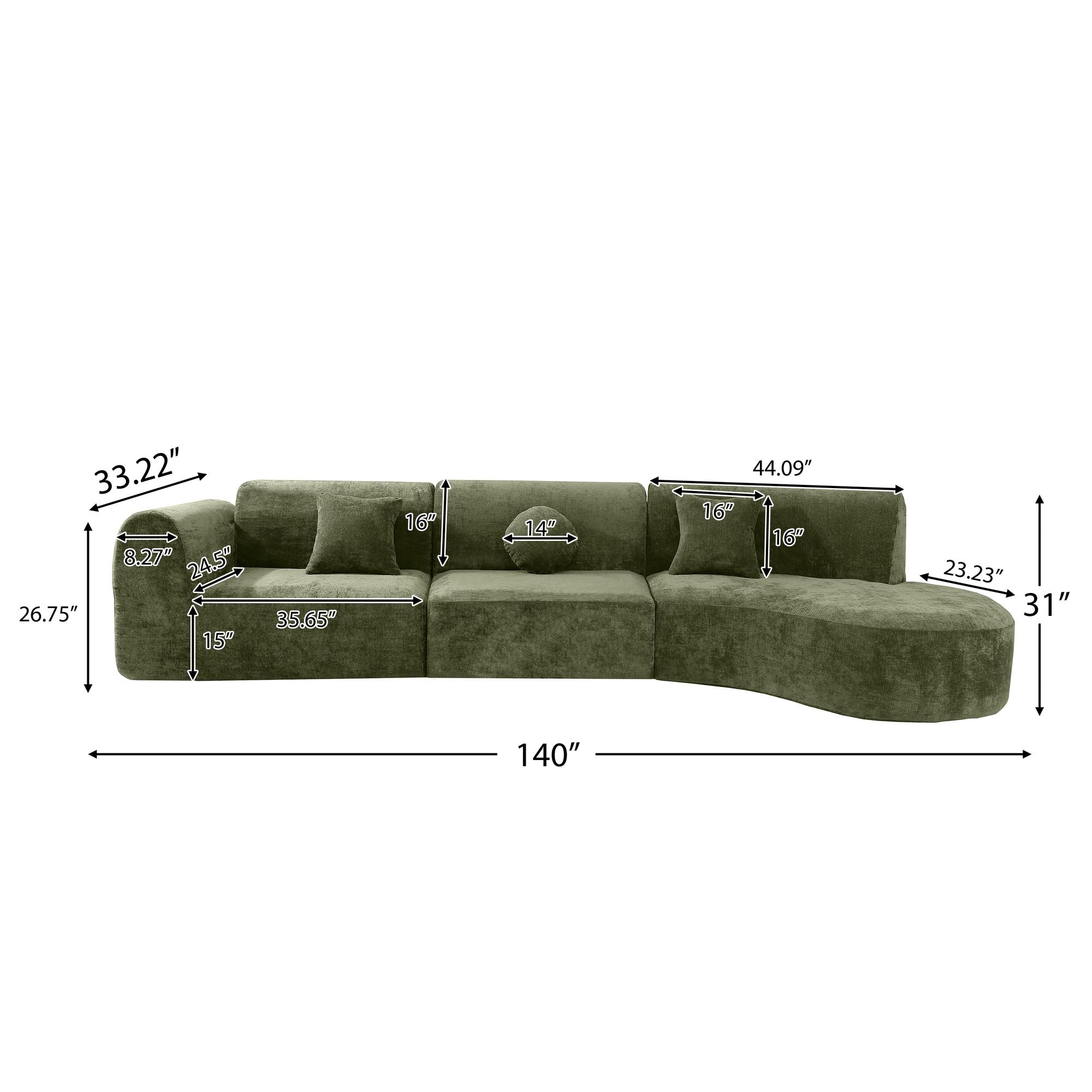 140" Modern Curved Sectional Sofa with Chaise Lounge, 3-Piece Set for Living Room