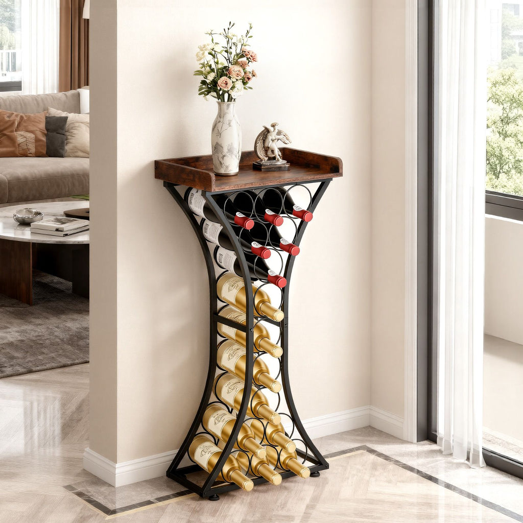 Freestanding 15-Bottle Wine Rack with Storage Top, Black