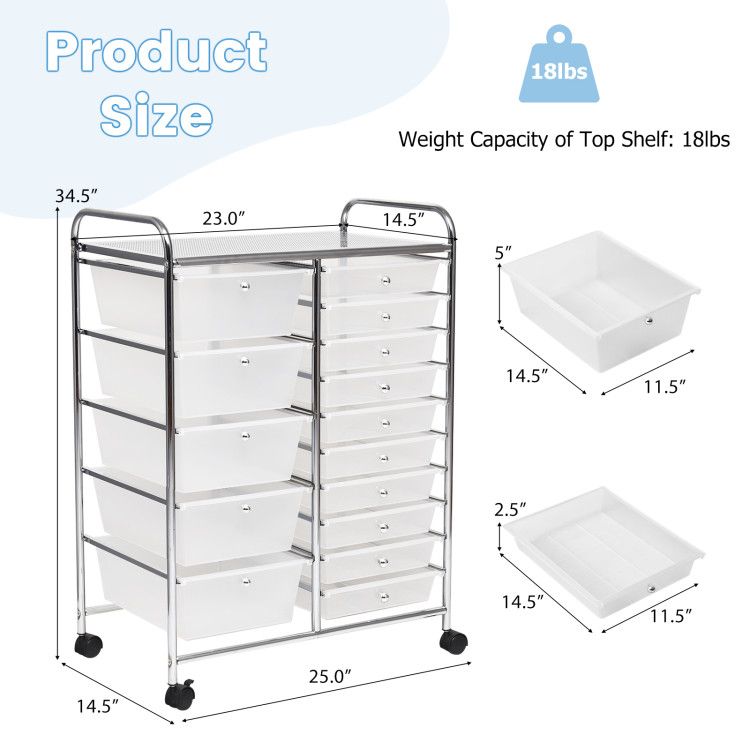 15-Drawer Rolling Storage Cart with Versatile Organization