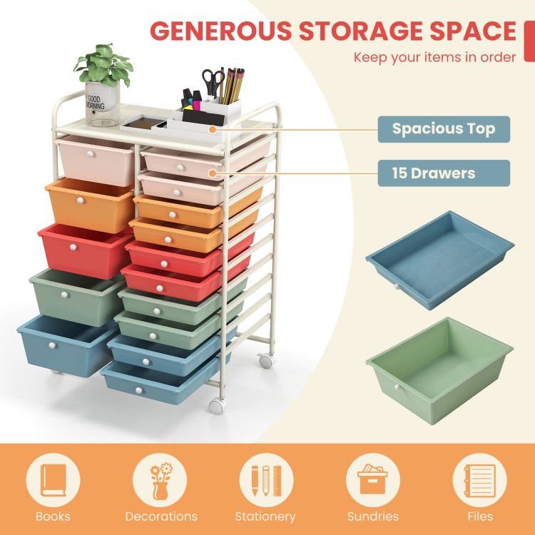 15-Drawer Rolling Storage Cart with Versatile Organization