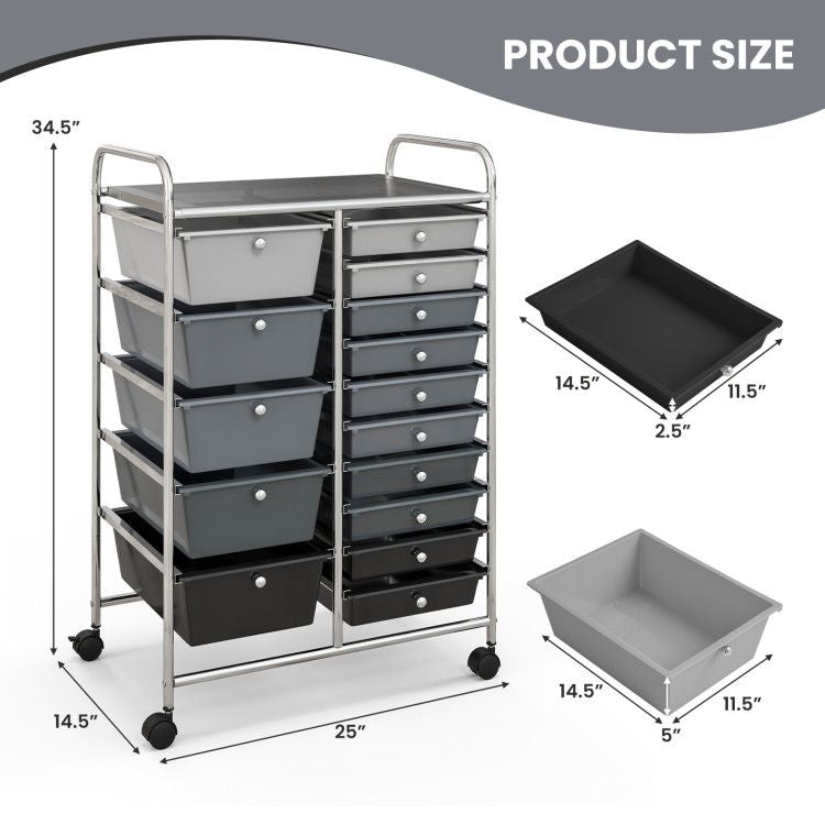 15-Drawer Rolling Storage Cart with Versatile Organization