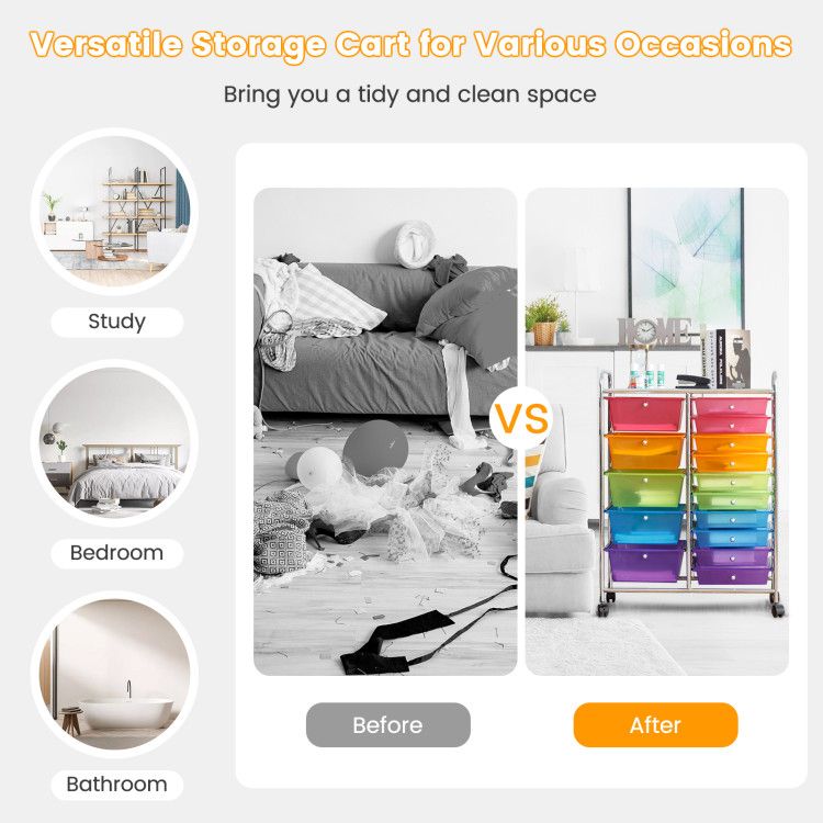 15-Drawer Rolling Storage Cart with Versatile Organization