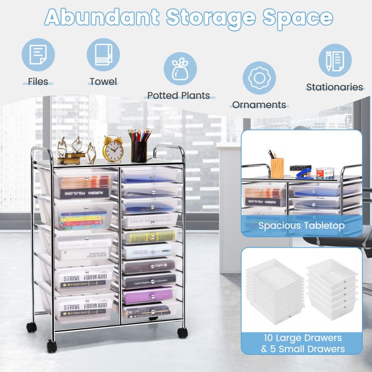 15-Drawer Rolling Storage Cart with Versatile Organization