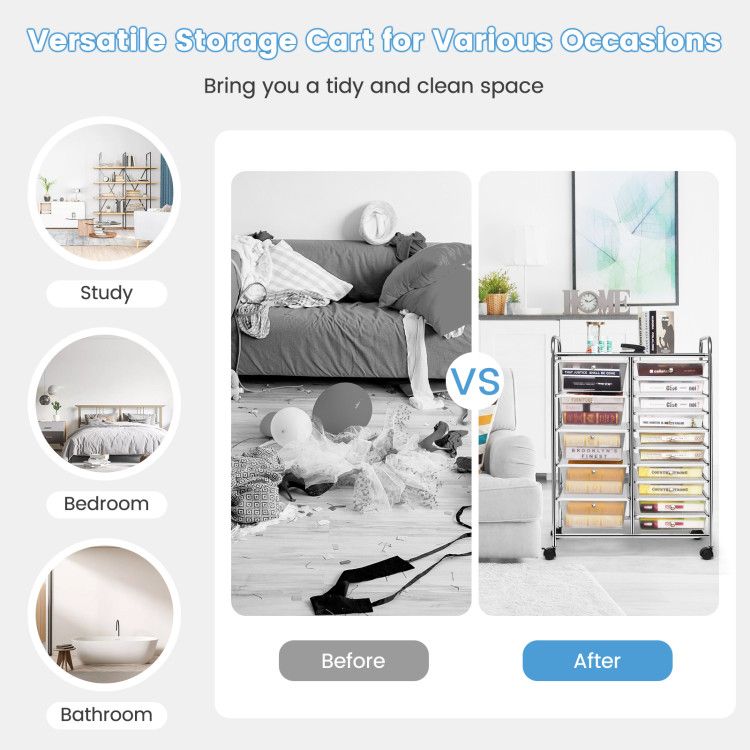 15-Drawer Rolling Storage Cart with Versatile Organization