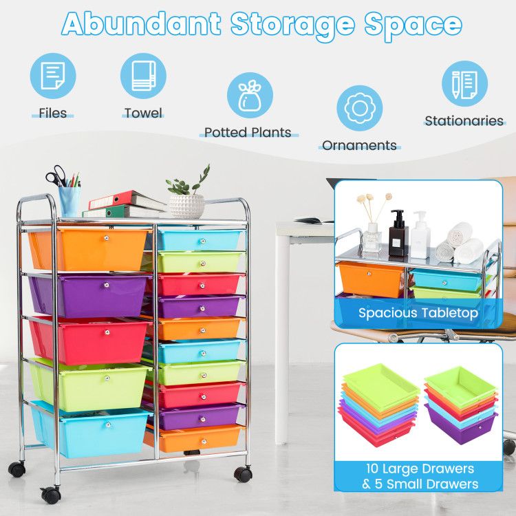 15-Drawer Rolling Storage Cart with Versatile Organization