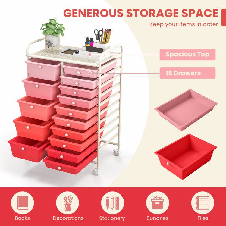 15-Drawer Rolling Storage Cart with Versatile Organization