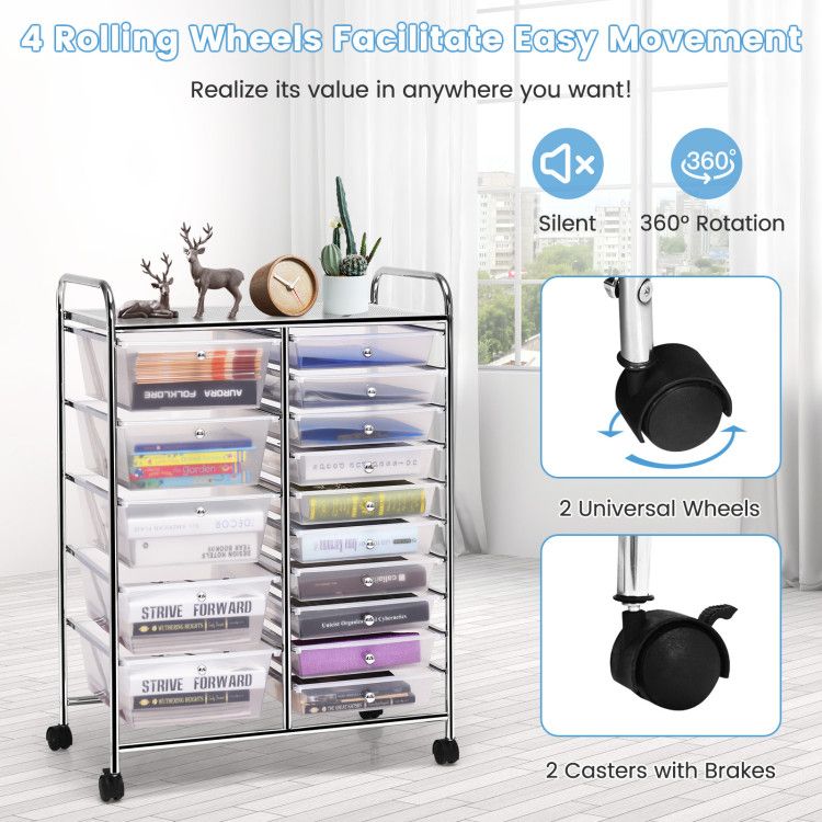 15-Drawer Rolling Storage Cart with Versatile Organization