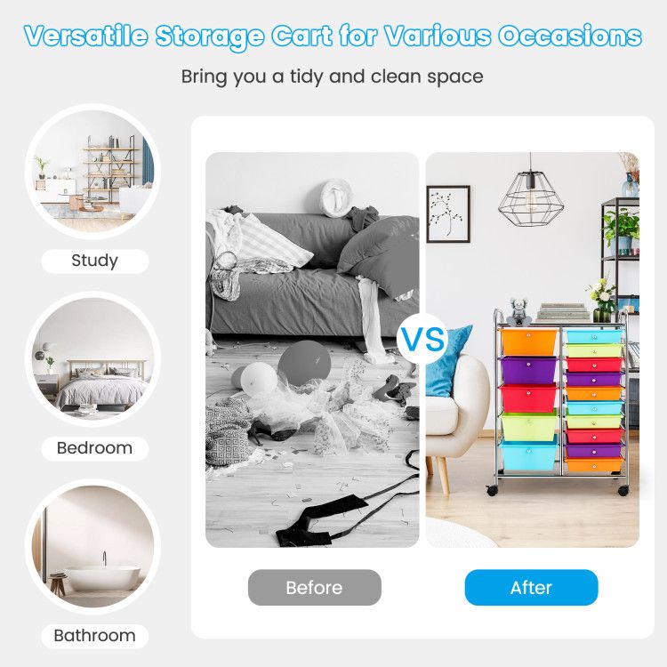 15-Drawer Rolling Storage Cart with Versatile Organization