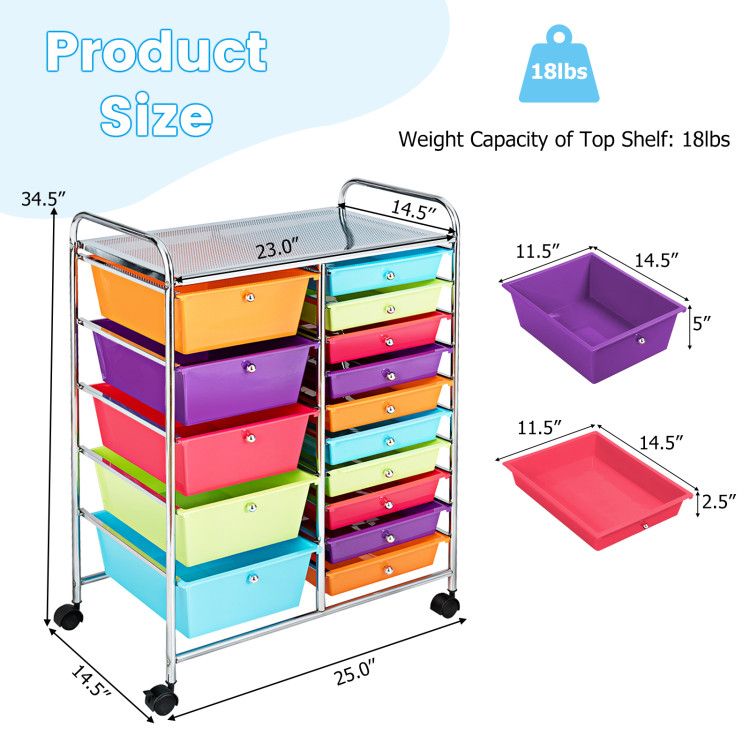 15-Drawer Rolling Storage Cart with Versatile Organization