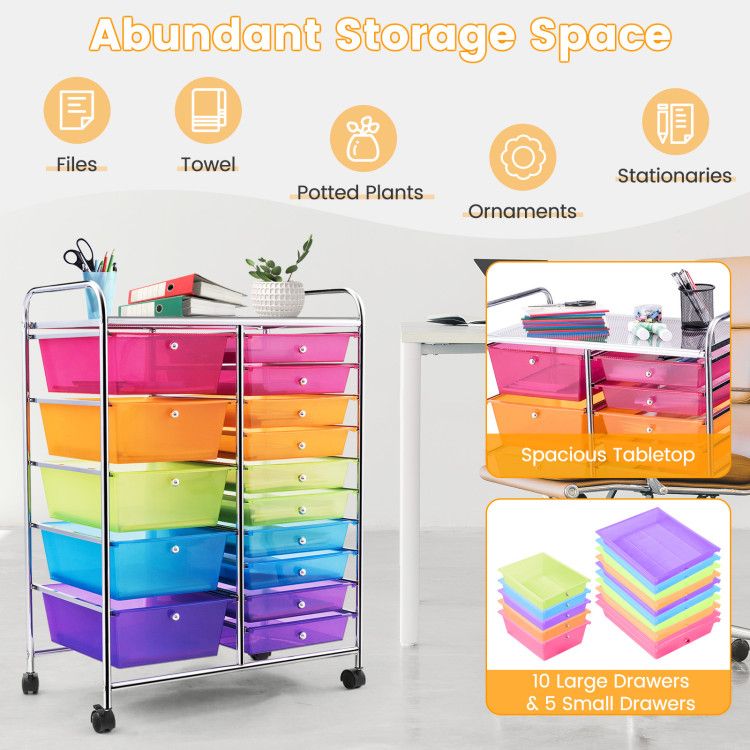 15-Drawer Rolling Storage Cart with Versatile Organization