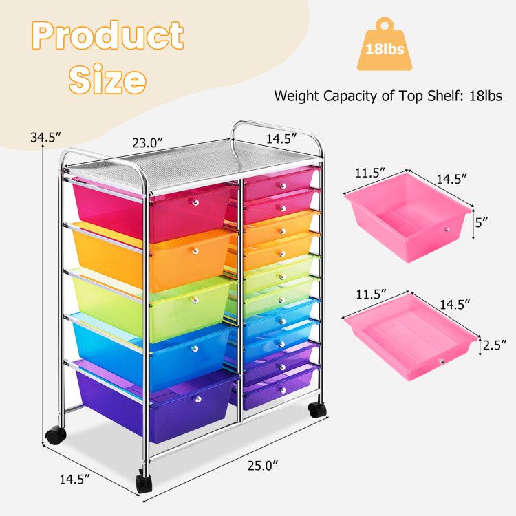 15-Drawer Rolling Storage Cart with Versatile Organization