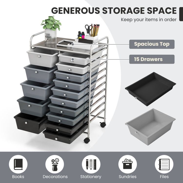 15-Drawer Rolling Storage Cart with Versatile Organization