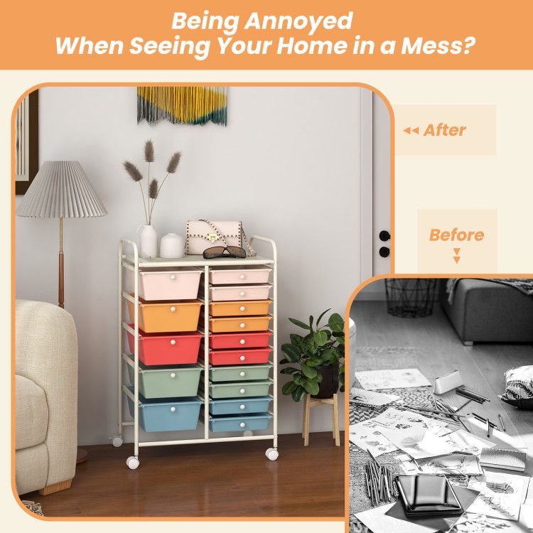 15-Drawer Rolling Storage Cart with Versatile Organization