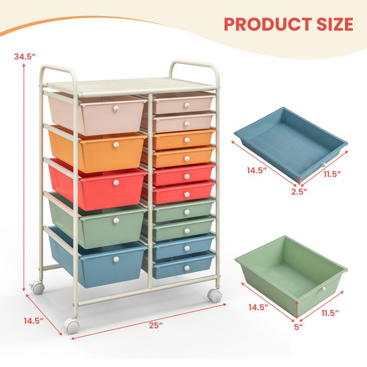 15-Drawer Rolling Storage Cart with Versatile Organization