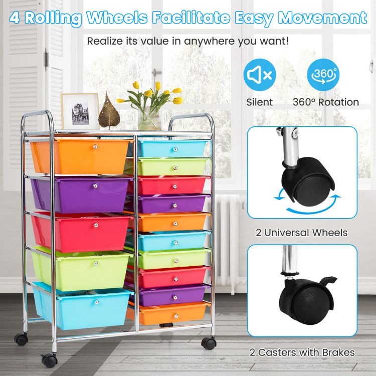 15-Drawer Rolling Storage Cart with Versatile Organization