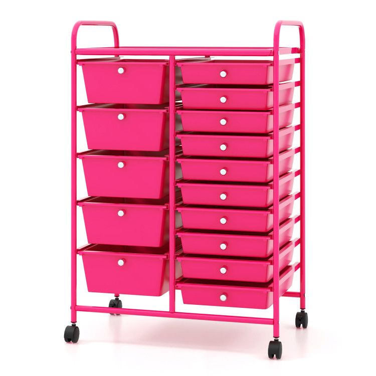 15-Drawer Rolling Storage Cart with Versatile Organization - Pink