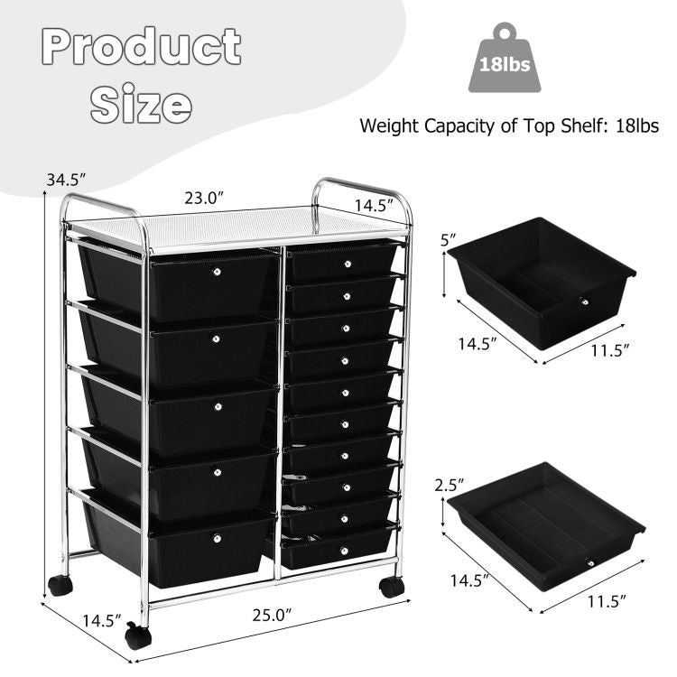 15-Drawer Rolling Storage Cart with Versatile Organization