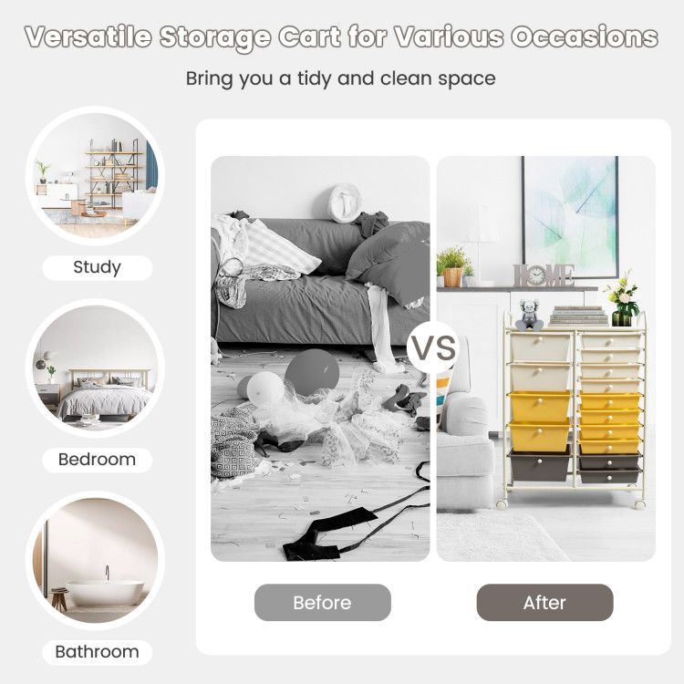 15-Drawer Rolling Storage Cart with Versatile Organization