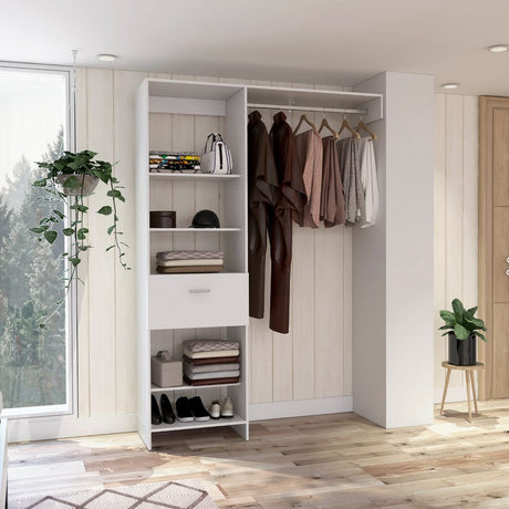 White Closet System with Drawer and Three Rods