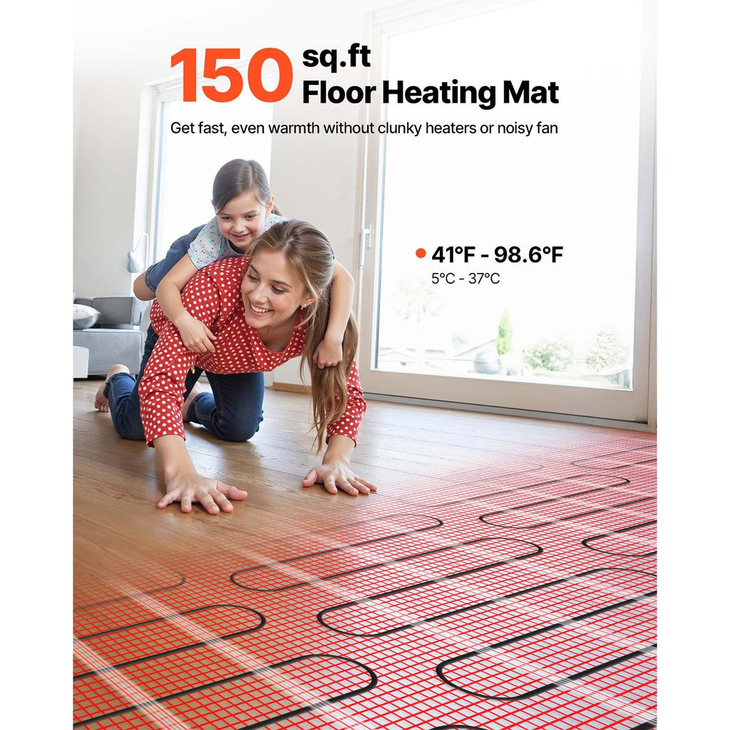 150 sqft Self-Adhesive Mesh Floor Heating Mat System, 120V Electric Radiant Heated Floor System, wit