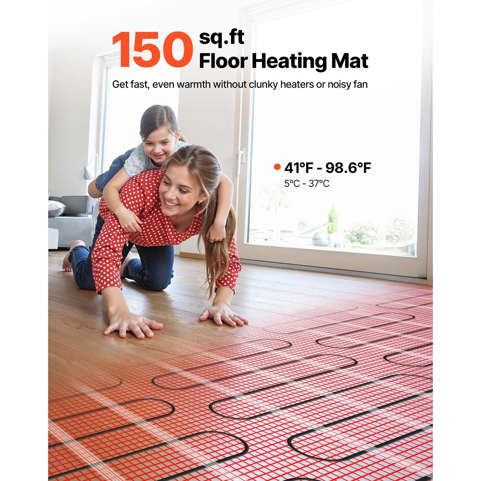 150 sqft Self-Adhesive Mesh Floor Heating Mat System, 120V Electric Radiant Heated Floor System, wit