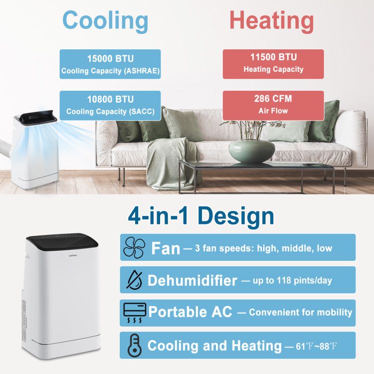 15000 BTU Portable Air Conditioner with Heat and App Control