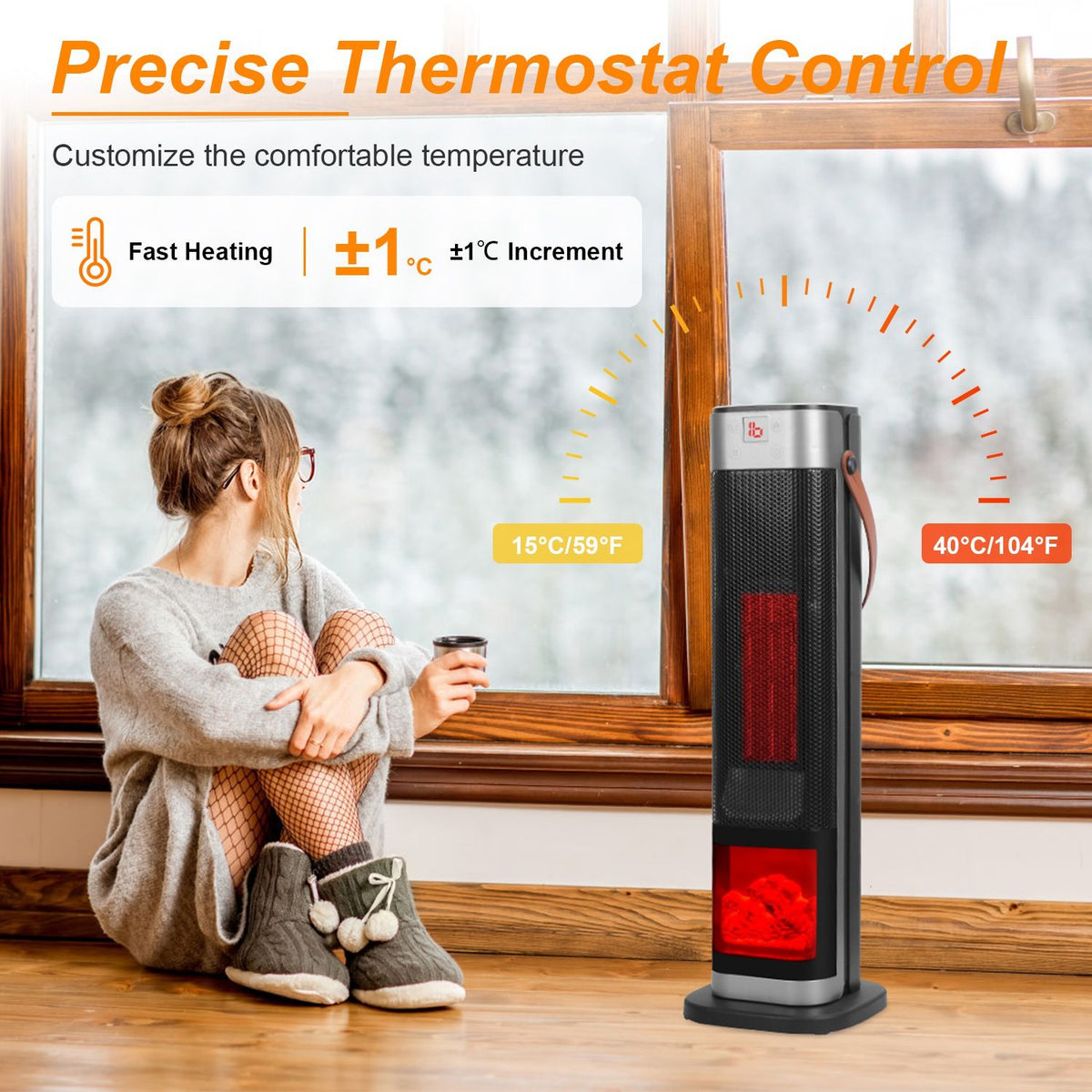 1500W Oscillating Ceramic Tower Space Heater with 3D Flame and Remote Control
