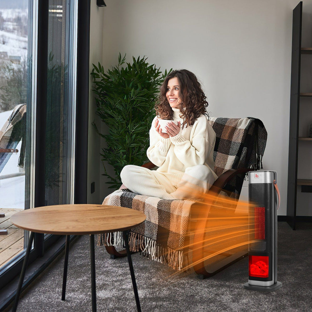 1500W Oscillating Ceramic Tower Space Heater with 3D Flame and Remote Control