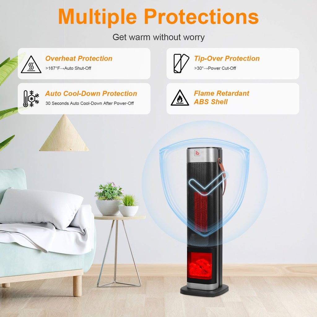 1500W Oscillating Ceramic Tower Space Heater with 3D Flame and Remote Control