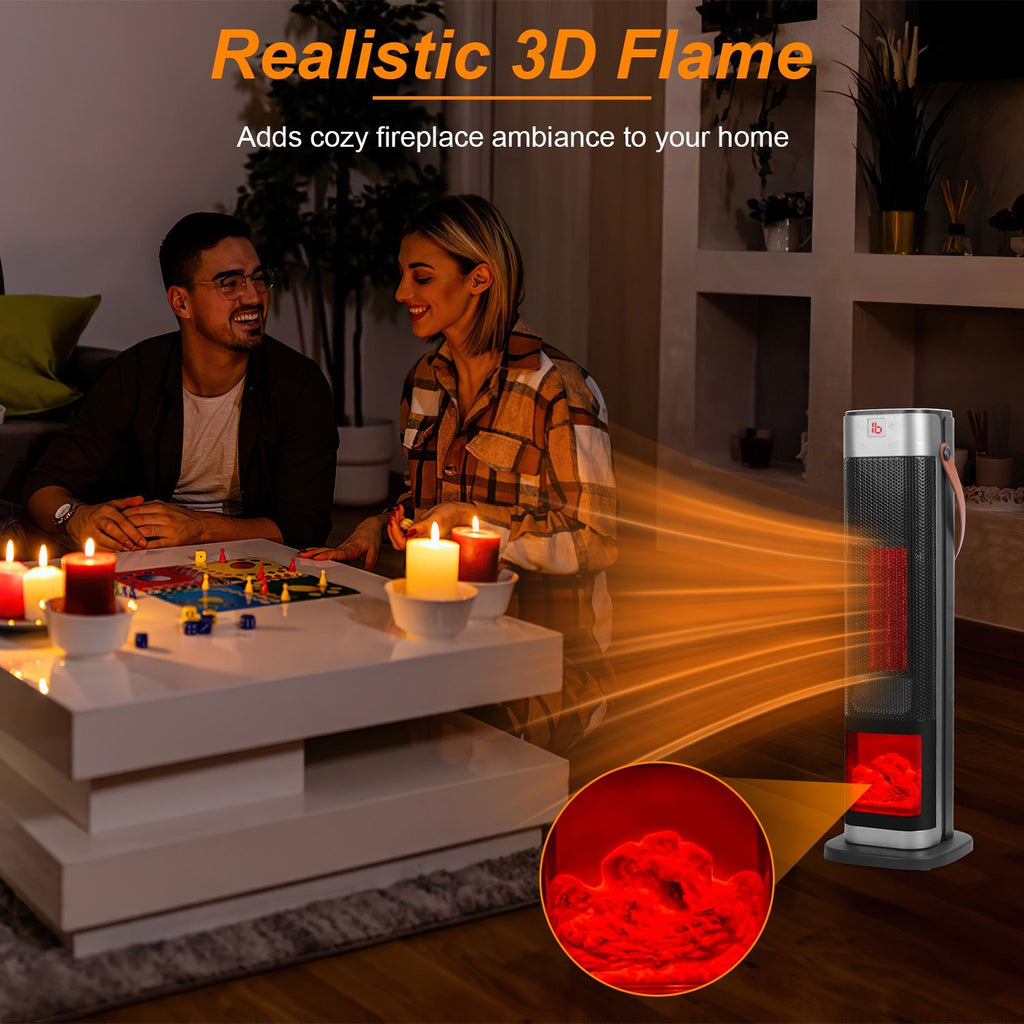 1500W Oscillating Ceramic Tower Space Heater with 3D Flame and Remote Control