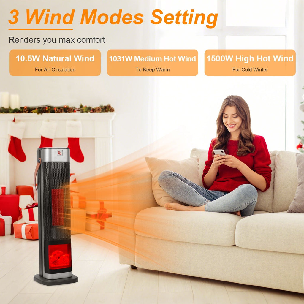 1500W Oscillating Ceramic Tower Space Heater with 3D Flame and Remote Control