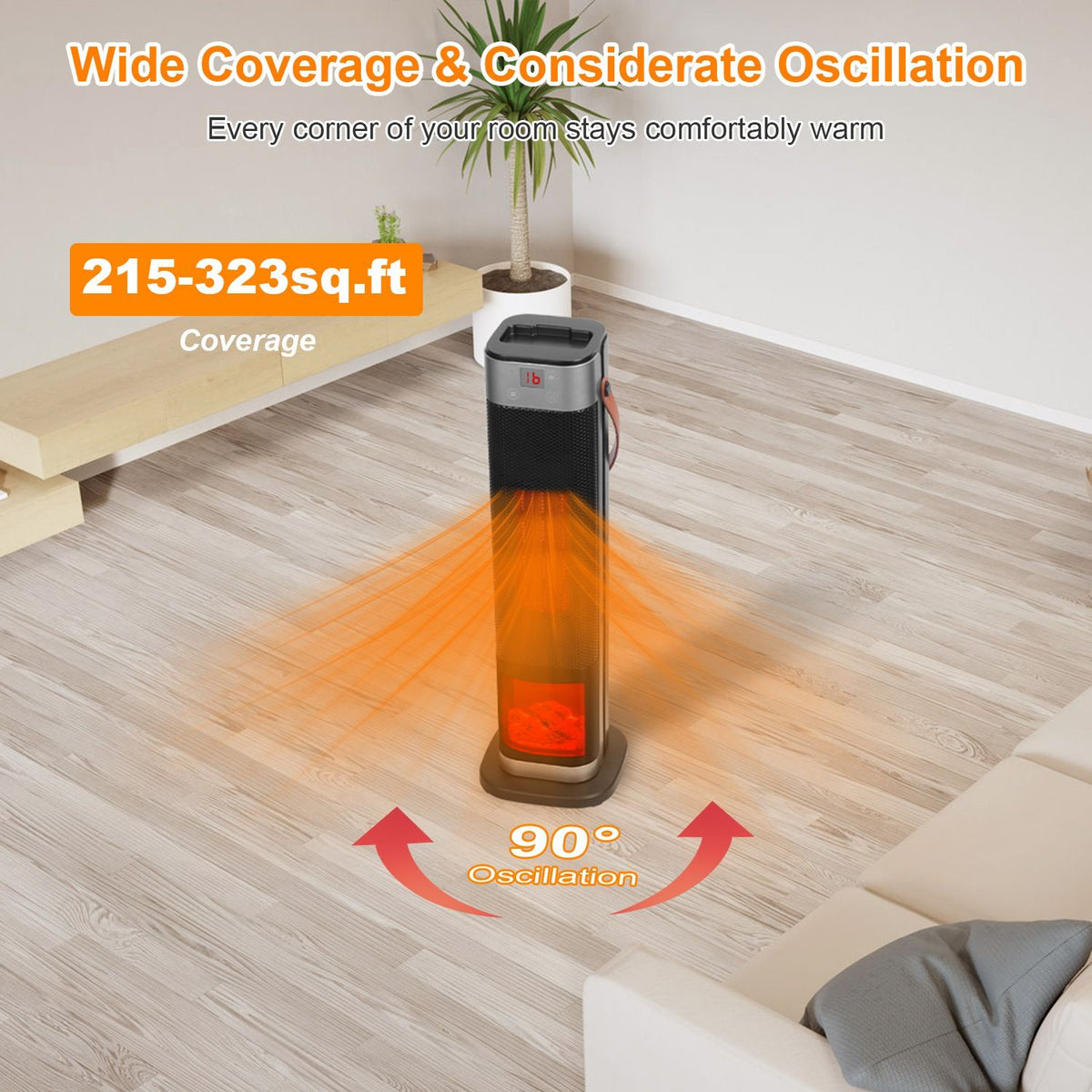 1500W Oscillating Ceramic Tower Space Heater with 3D Flame and Remote Control