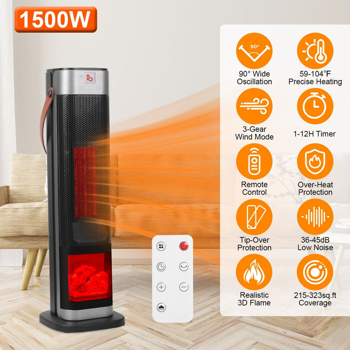 1500W Oscillating Ceramic Tower Space Heater with 3D Flame and Remote Control