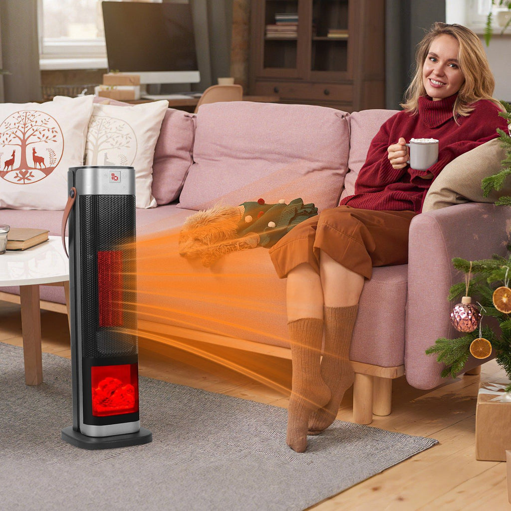 1500W Oscillating Ceramic Tower Space Heater with 3D Flame and Remote Control