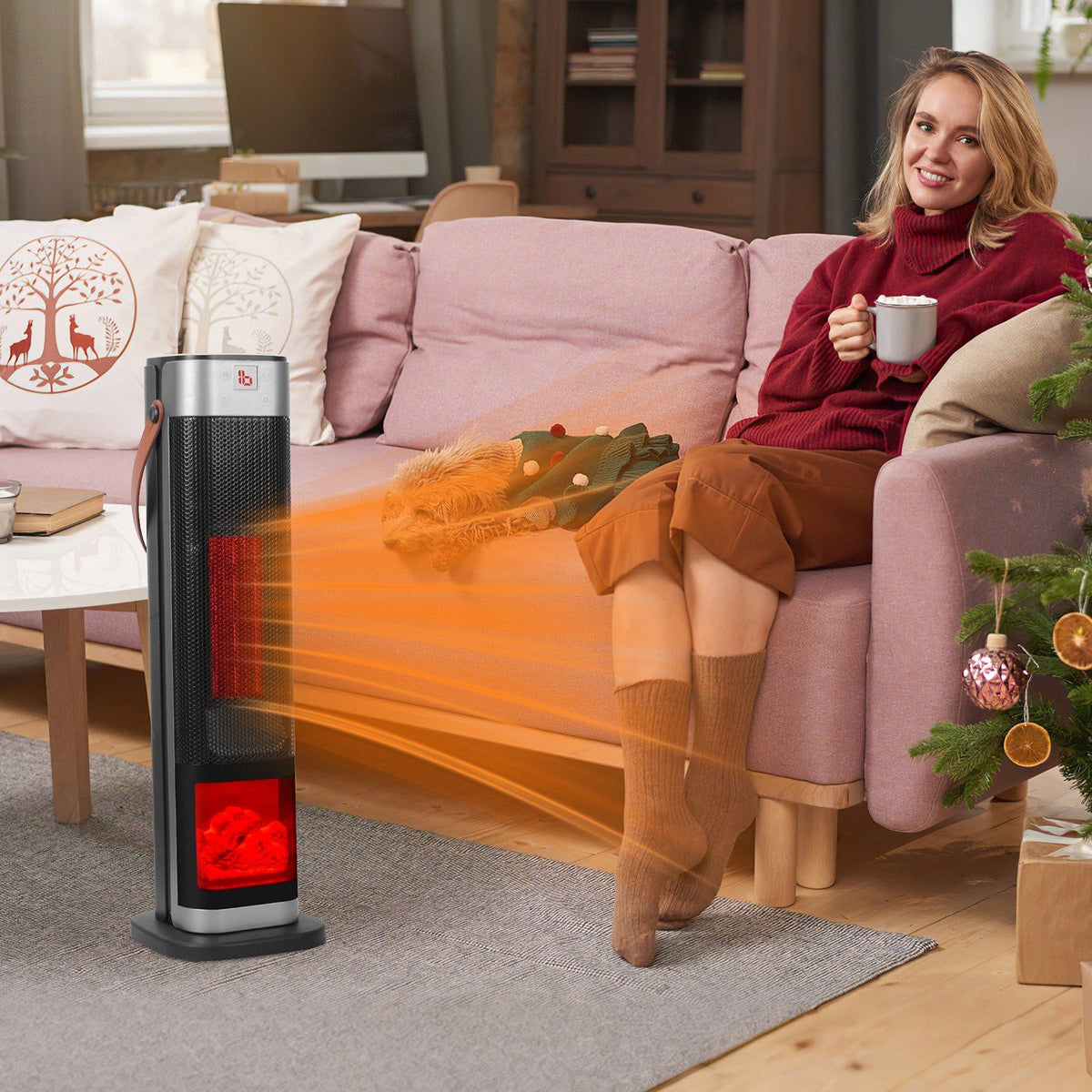 1500W Oscillating Ceramic Tower Space Heater with 3D Flame and Remote Control