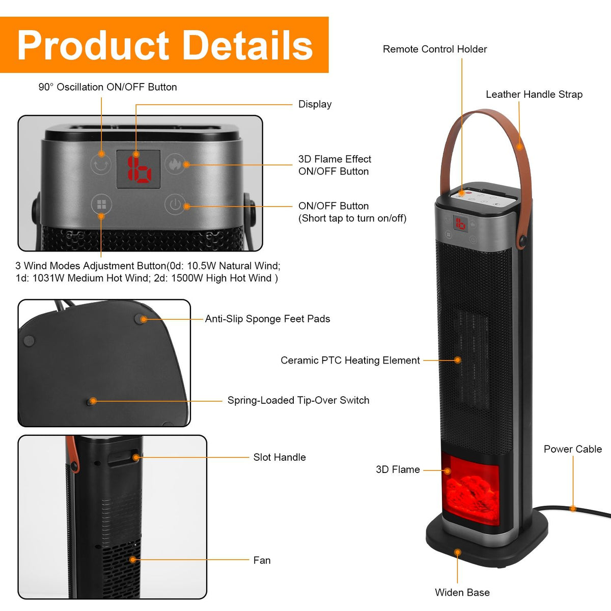 1500W Oscillating Ceramic Tower Space Heater with 3D Flame and Remote Control