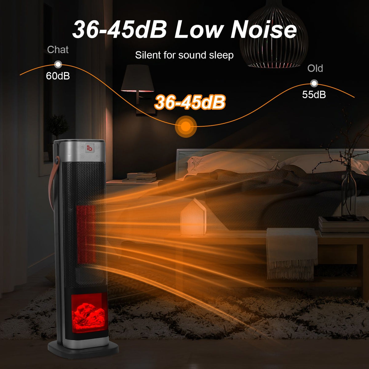 1500W Oscillating Ceramic Tower Space Heater with 3D Flame and Remote Control